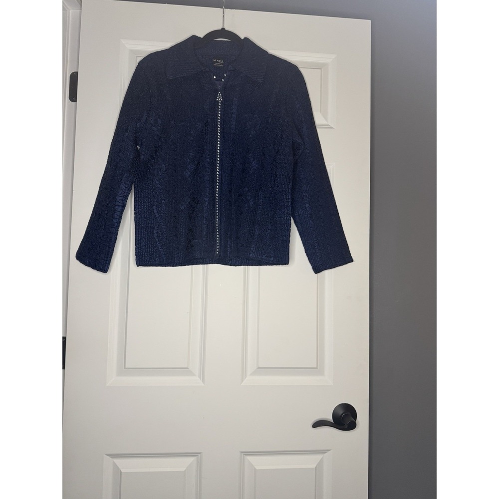Magic Fit One Size Cardigan Jacket Navy With Rhinestones Zipper Subtle Texture
